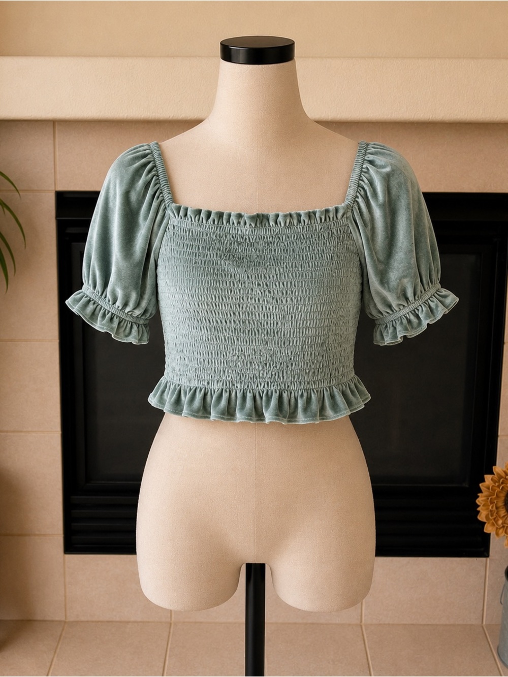 Rewind Sage Green Smocked Square-Neck Puff Sleeve Crop Top